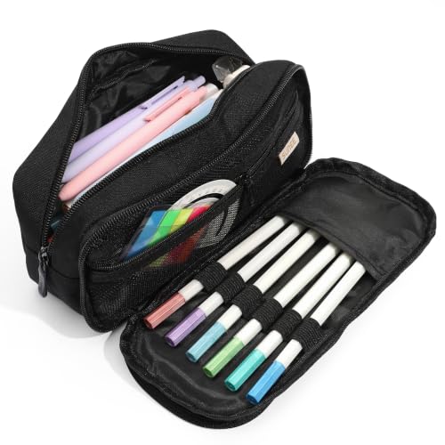 Image of SUNEE Pencil Case, Large Capacity Pencil Pouch, Extra Big Pencil Bag with 6 Compartments, Durable Canvas Pencil Box for Office Stationery Organizer, Back to School Supplies for Teen Boys Girls, Black