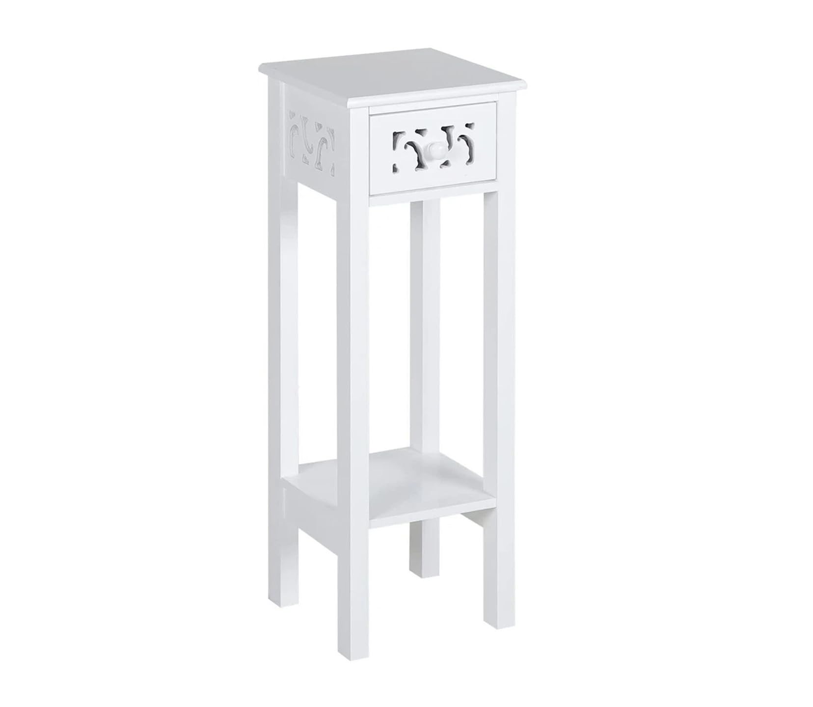 Bedside Table Slim Smart Tall Telephone Narrow End Table With Drawer Wooden Provence Fretwork French Inspired Nightstand For Home Office Bedroom Living room Indoor (WHITE)