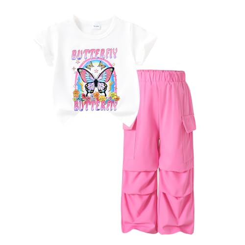 Happy Town Toddler Girl Clothes Short Sleeve Butterfly Print T-Shirt Top Cargo Pants with Pockets Summer Clothing Sets(4-5T,Rose Pink)