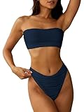 ZAFUL Women Strapless Textured Bandeau Bikini 2 Piece Swimwear Cheeky Solid Lace up Bathing Suits(1-m Navy Blue,XL)