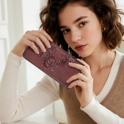 Image of Wallet Women Ultra Slim Thin Rfid 3D Embossed Vegan Leather Womens Wallet Clutch Long Ladies Wallet (07-Red)