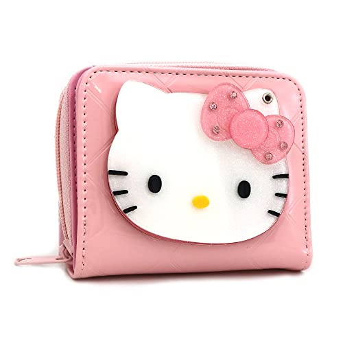 Hello-Kitty Rotating Secret Mirror Zipper Bifold Small Pink Perl Purse Zip Around Vegan Leather Wallet Cards Coin Pocket Bill Slot for Women Girls2