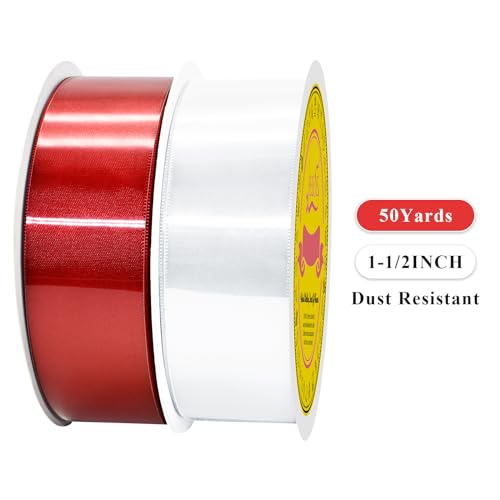Image of 100 Yards White Red Satin Ribbon Polyester Ribbon for Gift Wrapping Very Suitable for Weddings Party Hair Bow Invitation Decorations and More(1-1 /2 inch X 50Yards X 2 Roll)