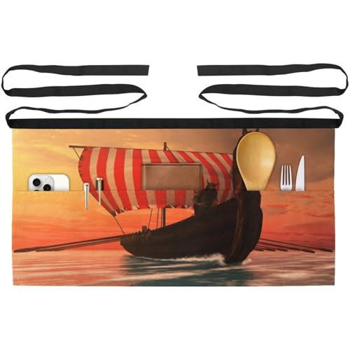 Tabliers courts de chef (lot de 3) avec 3 poches motif bateau viking multicolore