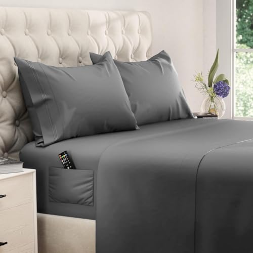 Image of DREAMCARE Queen Sheet Set - 4 pcs Breathable Cooling Sheets - up to 21 inch Extra Deep Pocket Queen Sheets Set with Side Pockets - Extra Soft 100% Brushed Hypoallergenic Hotel Luxury Bedding - Dark Gray