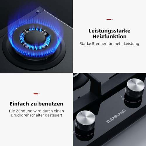 GASLAND GH2302BG1FC Glass Gas Cooktop - 2 Burner Butane Hob with Wok Burner, Built-in, 30 cm Black Glass Stove, 5200 W, LPG/NG - Image 6