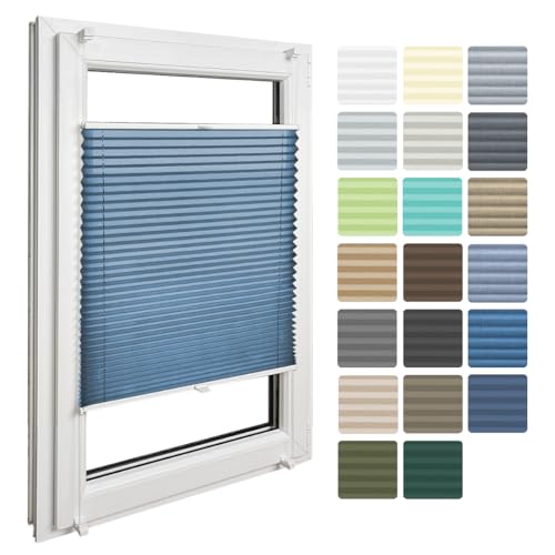 Home-Vision® Premium Faltrollo Plissee ohne Bohren mit Klemmfix Kollektion „Melange” Leinenoptik Blickdicht Sonnenschutz Jalousie für Fenster&Tür(Blau B85cm x H120cm) Modern Klemmträger