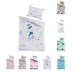 BaSaTex Kinder Baby Bettwäsche Set für Mädchen und Jungen | 100×135 cm + 40×60 cm | 100% Polyester Mikrofaser | Reißverschluss | Zirkus Hasi – Hase | blau/weiß