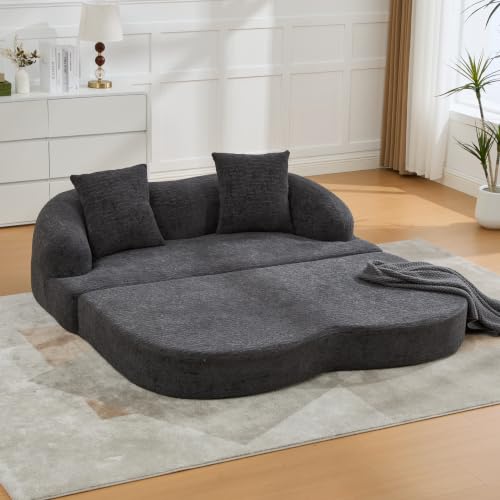 Sofá cama de dos plazas plegable en chenilla gris oscuro con 2 almohadas 4