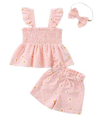 Image of Mioglrie Toddler Baby Girl Summer Clothes Infant Spring Outfits Ruffle Sleeveless Shirt Baby Shorts Headband Clothing Set