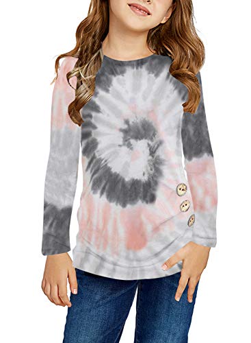 Ecokauer Little Girl's Tops Fall Long Sleeve Casual T Shirts Girls' Tops, Tees & Blouses For Children Tunic With Side Buttons Tie Dye Fashion Outfits Size 6-7 Multicolor Gray #TOP5