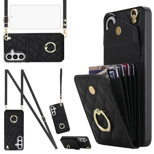 Asuwish Phone Case for Samsung Galaxy S26 Plus S26+ 5G Wallet Cell Cover with Tempered Glass Screen Protector Wrist Strap Ring RFID Blocking Card Holder S26Plus 26S + S 26 26+ Women Men Girls Black