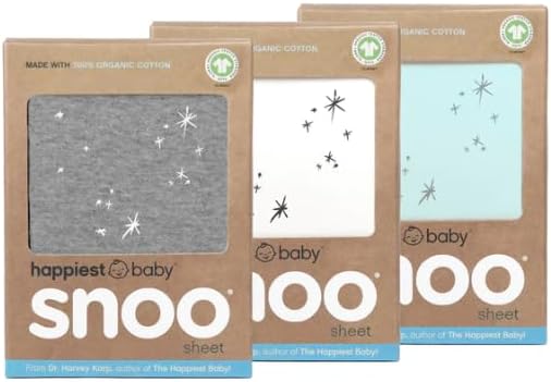 Happiest Baby SNOO Bassinet Fitted Sheet - 100% Organic Cotton Nursery Bedding - Fits SNOO Sleeper Crib Mattress - 3-Pack Bundle (White, Grey, Teal)