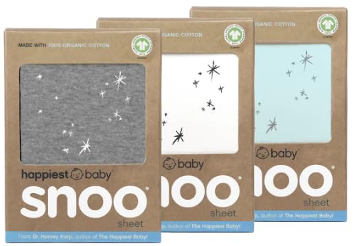 Image of Happiest Baby SNOO Bassinet Fitted Sheet - 100% Organic Cotton Nursery Bedding - Fits SNOO Sleeper Crib Mattress - 3-Pack Bundle (White, Grey, Teal)