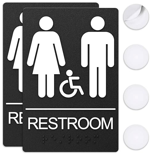 ASSURED SIGNS Unisex Bathroom Signs, Restroom Sign For Business - For Unisex Men and Women - 2 Pack - 9" by 6" - ADA Compliant with Braille and Handicap Symbol - Strong Double-Sided Adhesives Included - Apply to Door or Wall