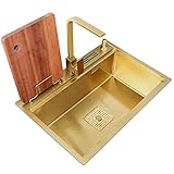 ZQFHSX Großes, 21 cm tiefes Nano-Spülbecken aus goldfarbenem Edelstahl mit integriertem Messerhalter und Schneidebrett, ideal für die Küchenmodernisierung (60 x 46 x 21 cm)