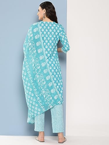 Image of INDO ERA Women's Printed Pure Cotton Kurta With Pant & Dupatta Set (23APR040)