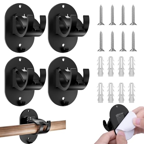 4-Piece No Drill Curtain Hooks Curtain Rod Holder Command Curtain Rod Hooks Brackets with Fixing Screws and Non-Marking Stickers Suitable for Bathrooms, Bedrooms, and Kitchens (Black)
