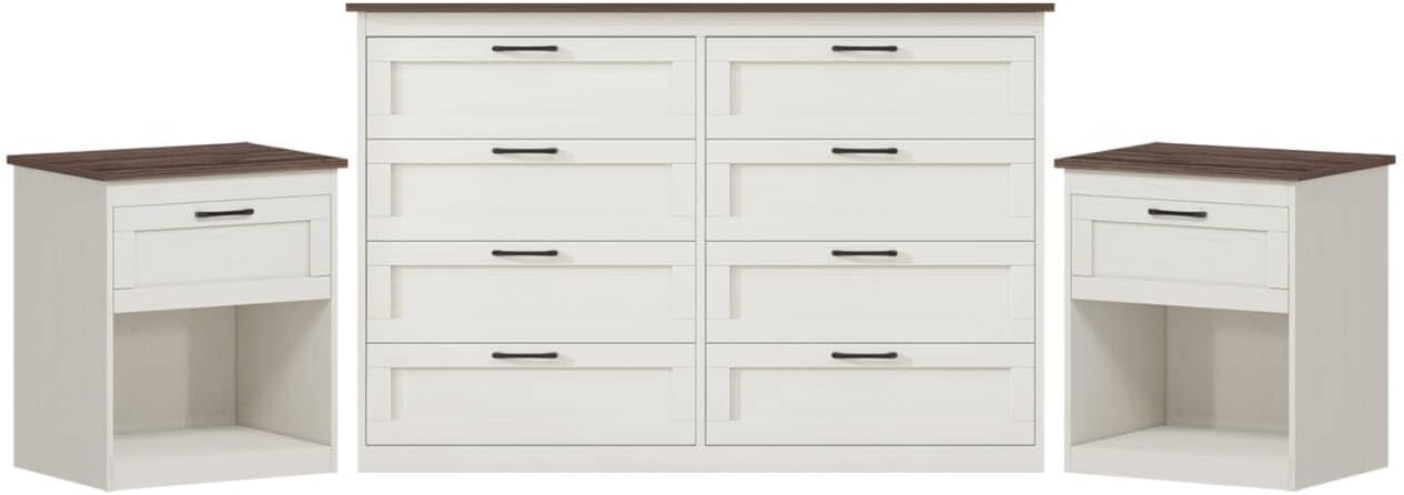 Vikiullf Farmhouse Dresser and Nightstands 3 Pieces Sets, Bedroom Set with 8 Drawer Dresser and Nightstands, White and Brown Oak Grain
