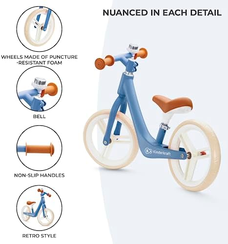 Kinderkraft Balance Bike FLY PLUS, Lightweight Bicycle, No Pedals, 12 inches Wheels, with Ajustable Seat, Retro Style, Magnesium Frame, from 3 Years Old to 35 kg, Blue