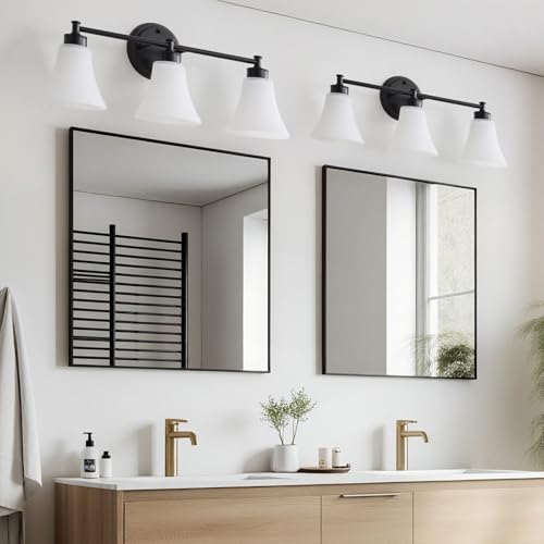 Image of LOUSACE 3 Light Bathroom Vanity Light Matte Black Bathroom Lighting Fixtures Over Mirror with Opal White Frosted Glass, Vintage Traditional Wall Lighting Fixture Vanity Sconces Light for Bedroom