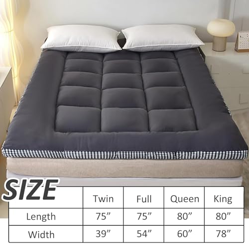 Thick Mattress Topper Full Size - Non-Slip Mattress Pad Cover for Back Pain Breathable Folding Sleeping Pad Machine Washable Mattress Protector (54x75 inch,Black)