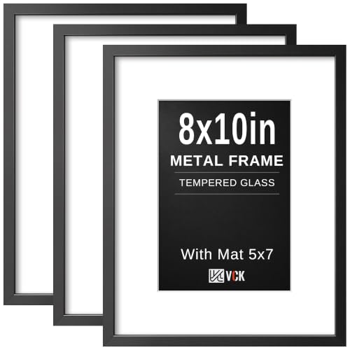 Image of VCK 8x10 Picture Frame Black Metal, Real Glass, 5x7 Mat, 3 Pack, for Print