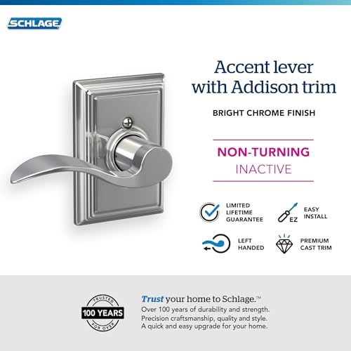 Image of SCHLAGE Accent Lever with Addison Trim Non-Turning Lock in Bright Chrome - Left Handed - F170 ACC 625 ADD LH