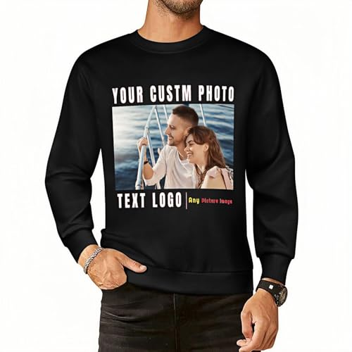 Bbflyper Custom Sweatshirts with Photo Text Personalised Sweater Long Sleeve Customised Picture Sweatshirt for Men Women- Personalized Photo Logo Jumper Black