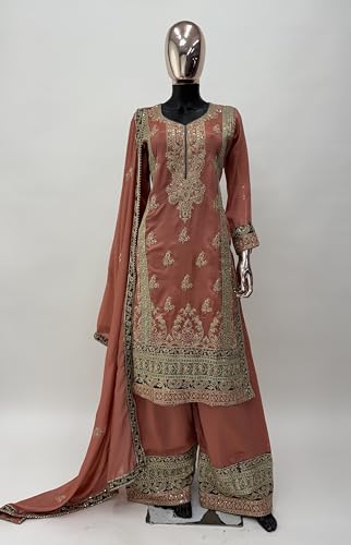 Image of Miss Ethnik Women's Peach Chinon Stitched Top With Stitched Chinon Bottom and Chinon Dupatta Full Sleeve Embroidered Straight Top (ME-1192)