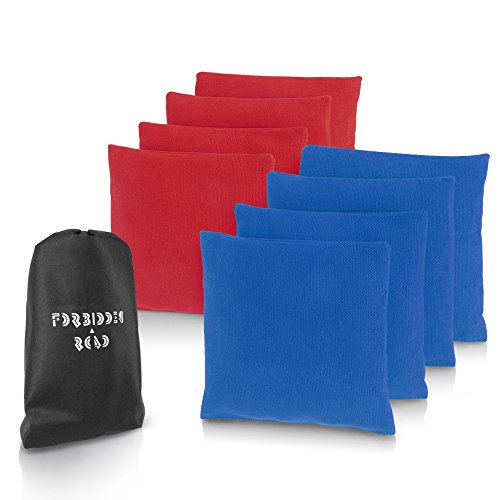 JBM Forbidden Road Cornhole Bag Bean Bags Pack of 8 for Tossing Core Hole Games with Duck Canvas Material Cover and PP Plastic Pellets Inside - Free Carrying Bag Included (Red & Dark Blue, 14OZ)