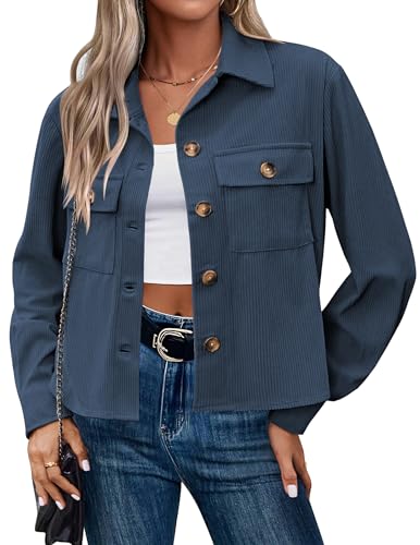 Hotouch Veste Bomber Femme Court Décontracté Blouson à Manches Longues Boutons Manteau Léger Sweatjacke Bleu S