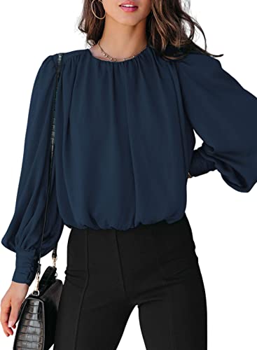 Dokotoo Women's Tops Blouses for Women Casual Long Sleeve Shirts Crew Neck Bohemian Solid Color Spring Work Business