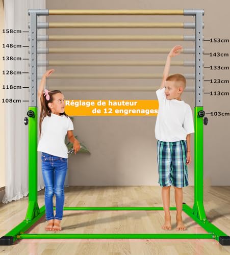 MEKETUM Gymnastic Kip Bar for Kids Training Horizontal Bars for Home Ages 3-15 Adjustable Height Non-Slip Gym Equipment Indoor with Rings (Green) by MEKETUM - Image 3