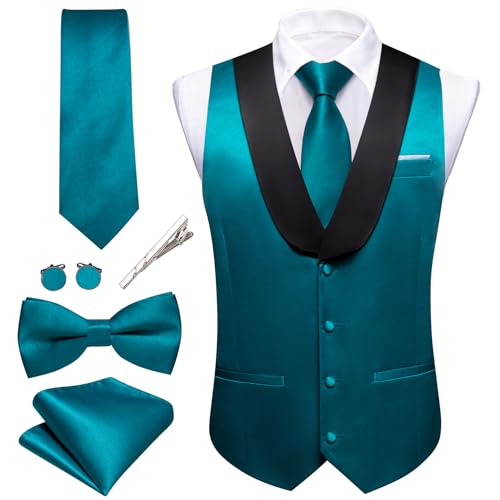 Barry.Wang Herren-Anzugweste, Schalkragen, schmale Passform, leger, Business-Weste, Krawatte, Fliege, Set, 6-teilig, für Hochzeit, Abschlussball, petrol, XX-Large