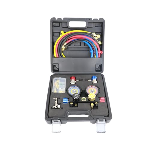 Wisepick AC エアコンマニホールドゲージセット、4 ウェイマニホールドゲージセットキット、R134A R410A R22 R32 用、クイックカプラ、アダプタフィッティング、パンクチャースタイル缶ボトルペナー、バルブコアツール付き