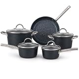 Jogo De Panelas 5 Peças Antiaderente Premium Granito Revestimento Triplo Indução Com Tampa De Vidro Frigideira Caçarolas Fogão Gás Elétrico Vitrocerâmico Preto