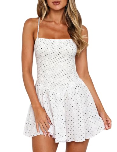 FOMELY Women's Polka Dot Mini Dress Smocked Summer Y2k Dress with Pockets
