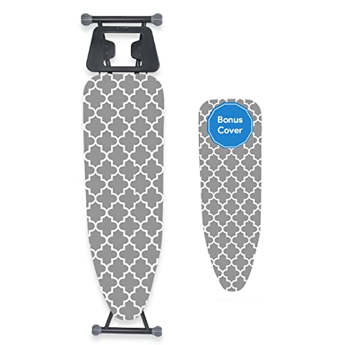 TIDY ZEBRA Compact Ironing Board Full Size European Made â€“ ULTRA THICK PADDED FOAM AVOIDS MOLD - Organic 100% Cotton Ironing Boards Covers - Sturdy Lightweight Iron table, Bonus Iron Board Cover 14x53