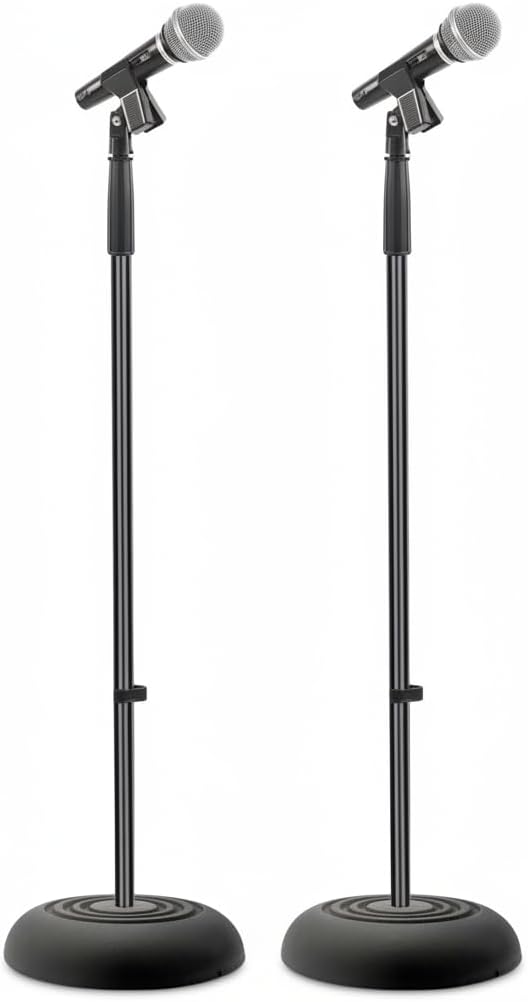 Pyle Soporte universal para micrófono – Compatible con micrófono de mano, base compacta pesada, diseño ligero y compacto, abrazadera ajustable de altura de 2,8 a 5 pies, clip de ángulo de pivote, uso en casa/estudio (par)
