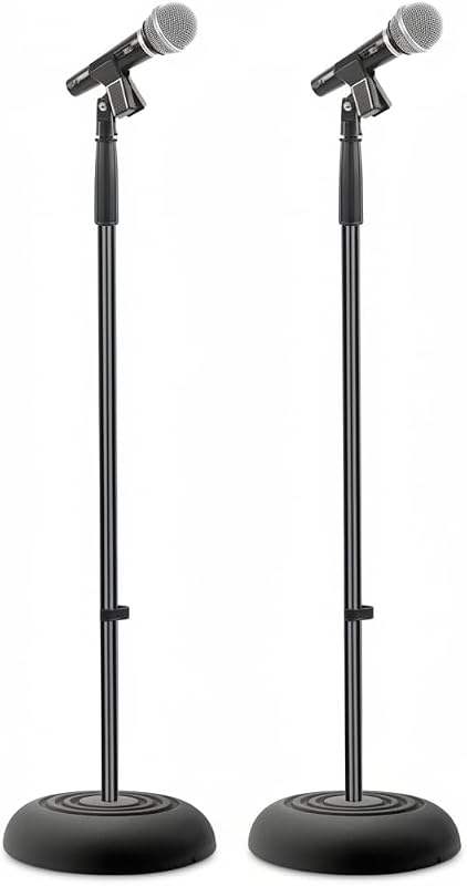 Pyle Soporte universal para micrófono – Compatible con micrófono de mano, base compacta pesada, diseño ligero y compacto, abrazadera ajustable de altura de 2,8 a 5 pies, clip de ángulo de pivote, uso en casa/estudio (par)