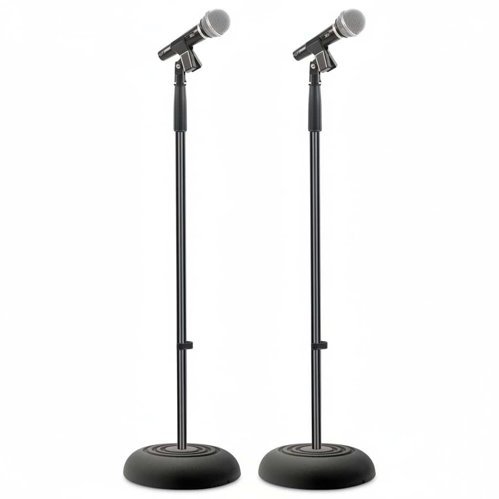 Pyle Universal Microphone Stand - Handheld Mic Compatible, Heavy Compact Base, Lightweight & Compact Design, 2.8 to 5 Ft Height Adjustable Clamp, Pivot Angle Clip, Home/Studio Use (Pair) 2 Count ( Pack of 1)
