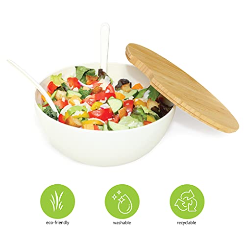 Clean Dezign 11.5" Large Salad And Serving Bowl With Bamboo Wood Lid And Servers Set - Bamboo Fiber Mixing Bowl And Utensils With Wooden Cutting Board Top (Large, Natural White) #TOP4