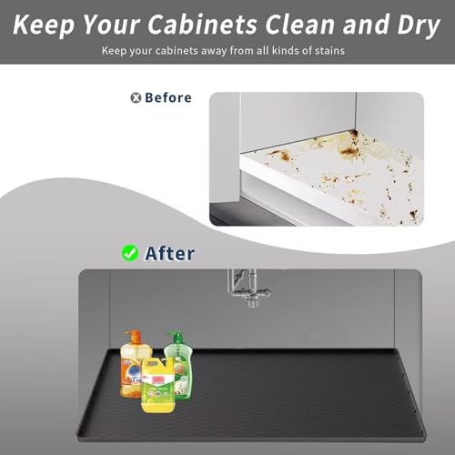 Under Kitchen Sink Mat 25" x 19", SAZTEAY Waterproof Silicone Under Sink Tray, Under Sink Protector Mat for Bathroom and Kitchen Cabinets(Black) by Sazteay - Used condition - Image 5