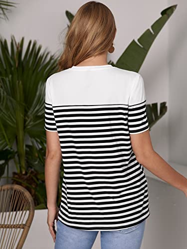 Oyoangle Women's Maternity Striped Print Heart Embroidered Round Neck Short Sleeve Tee Shirt Maternity Blouse Black And White Xl #TOP1