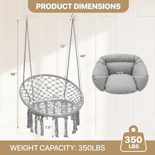 Monibloom Hanging Hammock Chair with Full Cushion, Adults Indoor Hammock Swing with Max 350 Lbs Capacity, Outdoor Macrame Hanging Chair with Boho Tassels, Home Accent Furniture Chair Swing, Grey - Thumbnail 2