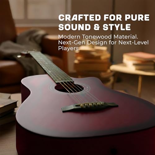 Image of Revel 38 Inches Cutaway Design Acoustic Guitar with Carry bag and Plectrums. Great tone and Beginner /Learners standard size configuration for all age groups (Red)