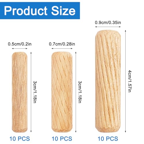 30Pcs Wooden Dowels Assorted, M6 M8 M10 Fluted Wood Dowel Pins, Hard Wood Grooved Plug, 1/4 5/16 3/8 Inch Furniture Woodwork Straight Grooved Dowel for Crafts, Furniture, DIY, Carpentry (6mm 8mm 10mm) - Thumbnail 2