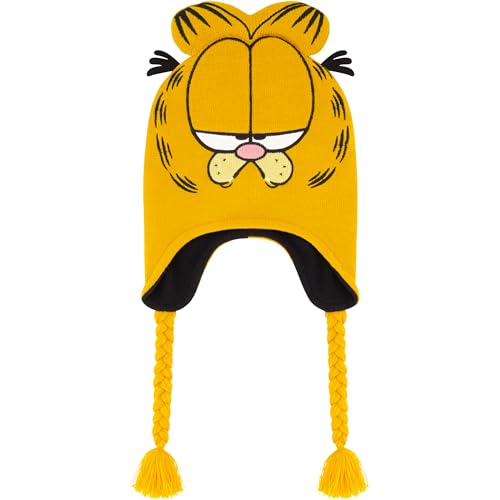 Garfield Beanie Hat, Peruvian Winter Knit Cap with 3D Cat Ears and Tassels, Orange, One Size