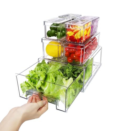 Image of YINGRACE 7 Pack Fridge Organizer Bins, Stackable Refrigerator Organizers and Storage, With a Pull-out Drawer, BPA-Free Clear Containers For Fruit, Vegetable, Drinks